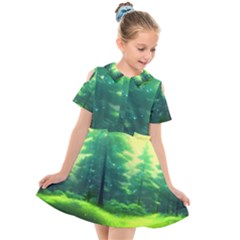 Anime Forrest Nature Fantasy Sunset Trees Woods Kids  Short Sleeve Shirt Dress by Uceng