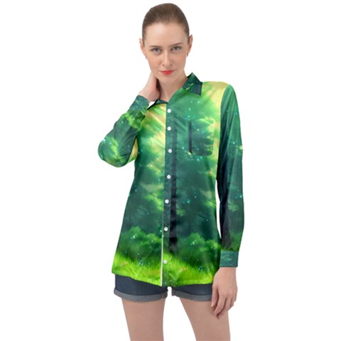 Anime Forrest Nature Fantasy Sunset Trees Woods Long Sleeve Satin Shirt by Uceng