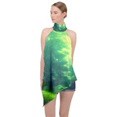 Anime Forrest Nature Fantasy Sunset Trees Woods Halter Asymmetric Satin Top by Uceng