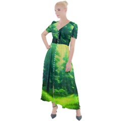 Anime Forrest Nature Fantasy Sunset Trees Woods Button Up Short Sleeve Maxi Dress