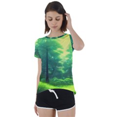 Anime Forrest Nature Fantasy Sunset Trees Woods Short Sleeve Open Back Tee by Uceng