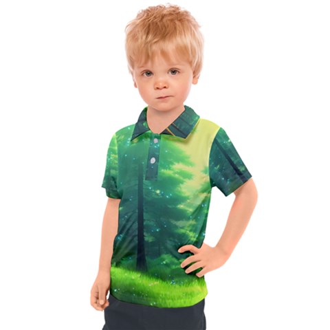 Anime Forrest Nature Fantasy Sunset Trees Woods Kids  Polo Tee by Uceng