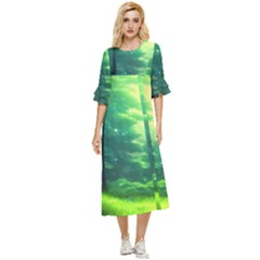 Anime Forrest Nature Fantasy Sunset Trees Woods Double Cuff Midi Dress by Uceng