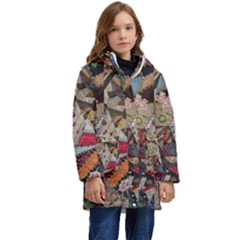 Background Embroidery Pattern Stitches Abstract Kid s Hooded Longline Puffer Jacket