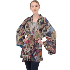 Background Embroidery Pattern Stitches Abstract Long Sleeve Velvet Kimono 