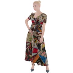 Background Embroidery Pattern Stitches Abstract Button Up Short Sleeve Maxi Dress