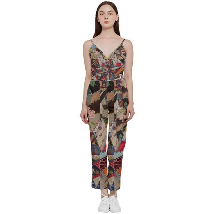 Background Embroidery Pattern Stitches Abstract V-Neck Spaghetti Strap Tie Front Jumpsuit