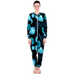 Flower Nature Blue Black Art Pattern Floral Onepiece Jumpsuit (ladies) by Uceng