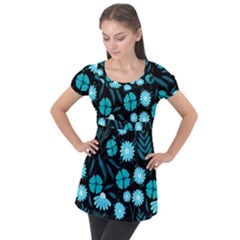 Flower Nature Blue Black Art Pattern Floral Puff Sleeve Tunic Top by Uceng