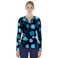 Flower Nature Blue Black Art Pattern Floral V-neck Long Sleeve Top by Uceng