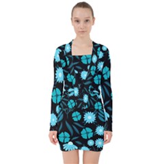 Flower Nature Blue Black Art Pattern Floral V-neck Bodycon Long Sleeve Dress by Uceng