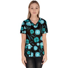 Flower Nature Blue Black Art Pattern Floral Women s V-neck Scrub Top by Uceng