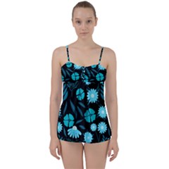 Flower Nature Blue Black Art Pattern Floral Babydoll Tankini Set by Uceng