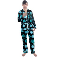 Flower Nature Blue Black Art Pattern Floral Men s Long Sleeve Satin Pajamas Set by Uceng