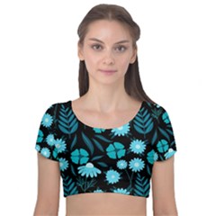 Flower Nature Blue Black Art Pattern Floral Velvet Short Sleeve Crop Top  by Uceng