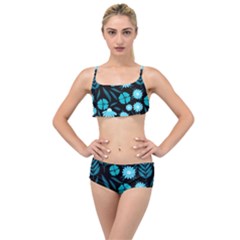 Flower Nature Blue Black Art Pattern Floral Layered Top Bikini Set by Uceng