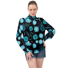 Flower Nature Blue Black Art Pattern Floral High Neck Long Sleeve Chiffon Top by Uceng