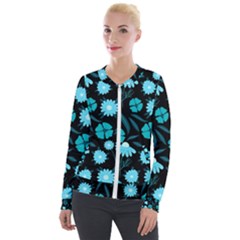 Flower Nature Blue Black Art Pattern Floral Velvet Zip Up Jacket by Uceng