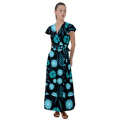 Flower Nature Blue Black Art Pattern Floral Flutter Sleeve Maxi Dress by Uceng