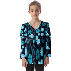 Flower Nature Blue Black Art Pattern Floral Kids  V Neck Casual Top