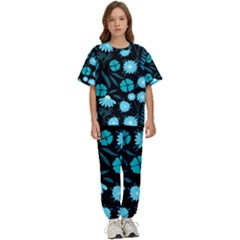 Flower Nature Blue Black Art Pattern Floral Kids  Tee And Pants Sports Set