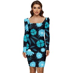 Flower Nature Blue Black Art Pattern Floral Women Long Sleeve Ruched Stretch Jersey Dress by Uceng