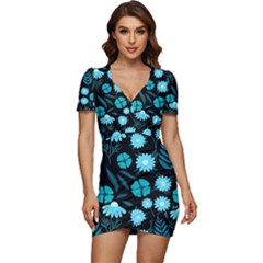 Flower Nature Blue Black Art Pattern Floral Low Cut Cap Sleeve Mini Dress by Uceng