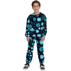 Flower Nature Blue Black Art Pattern Floral Kids  Sweatshirt Set by Uceng