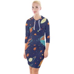 Space Galaxy Planet Universe Stars Night Fantasy Quarter Sleeve Hood Bodycon Dress by Uceng