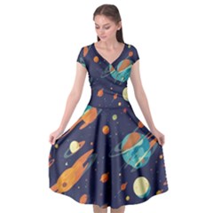 Space Galaxy Planet Universe Stars Night Fantasy Cap Sleeve Wrap Front Dress by Uceng