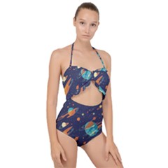 Space Galaxy Planet Universe Stars Night Fantasy Scallop Top Cut Out Swimsuit by Uceng