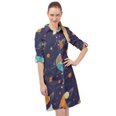 Space Galaxy Planet Universe Stars Night Fantasy Long Sleeve Mini Shirt Dress by Uceng