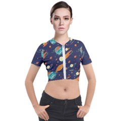 Space Galaxy Planet Universe Stars Night Fantasy Short Sleeve Cropped Jacket by Uceng