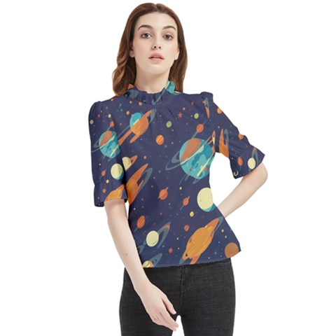 Space Galaxy Planet Universe Stars Night Fantasy Frill Neck Blouse by Uceng