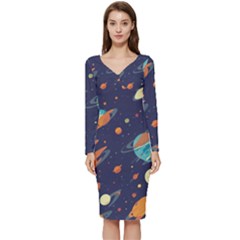 Space Galaxy Planet Universe Stars Night Fantasy Long Sleeve V-neck Bodycon Dress  by Uceng