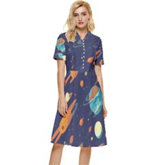 Space Galaxy Planet Universe Stars Night Fantasy Button Top Knee Length Dress by Uceng