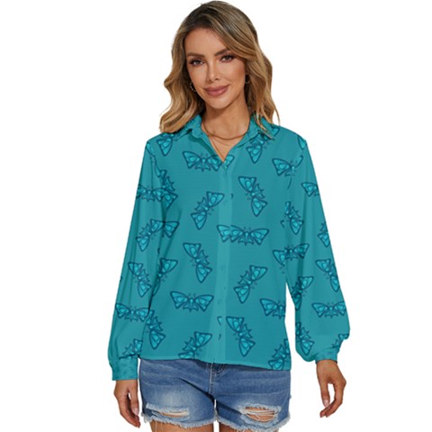 Butterfly Art Pattern Design Background Frame Women s Long Sleeve Button Down Shirt by Uceng