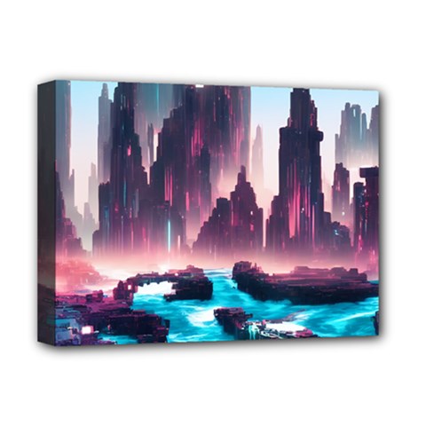 Urban City Cyberpunk River Cyber Tech Future Deluxe Canvas 16  X 12  (stretched)  by Uceng