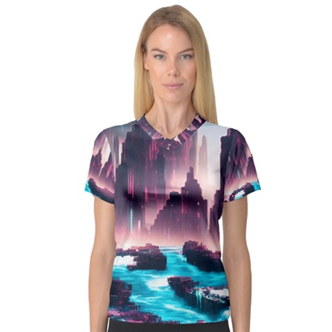 Urban City Cyberpunk River Cyber Tech Future V-neck Sport Mesh Tee by Uceng