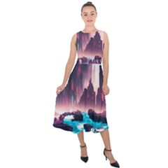 Urban City Cyberpunk River Cyber Tech Future Midi Tie-back Chiffon Dress by Uceng