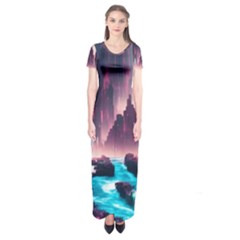 Urban City Cyberpunk River Cyber Tech Future Short Sleeve Maxi Dress by Uceng