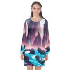 Urban City Cyberpunk River Cyber Tech Future Long Sleeve Chiffon Shift Dress 