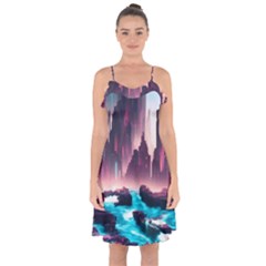 Urban City Cyberpunk River Cyber Tech Future Ruffle Detail Chiffon Dress