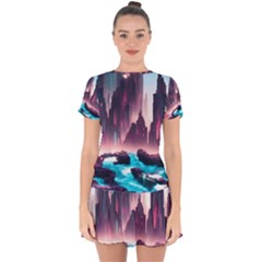 Urban City Cyberpunk River Cyber Tech Future Drop Hem Mini Chiffon Dress