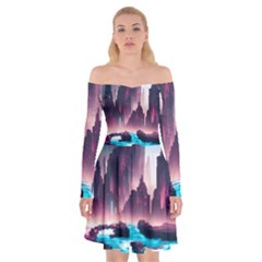 Urban City Cyberpunk River Cyber Tech Future Off Shoulder Skater Dress