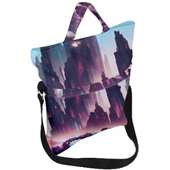 Urban City Cyberpunk River Cyber Tech Future Fold Over Handle Tote Bag by Uceng