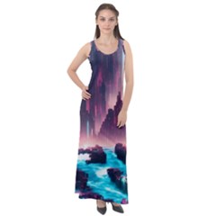 Urban City Cyberpunk River Cyber Tech Future Sleeveless Velour Maxi Dress by Uceng