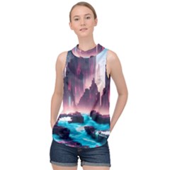 Urban City Cyberpunk River Cyber Tech Future High Neck Satin Top by Uceng