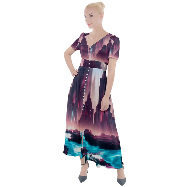 Urban City Cyberpunk River Cyber Tech Future Button Up Short Sleeve Maxi Dress