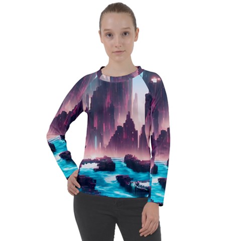 Urban City Cyberpunk River Cyber Tech Future Women s Long Sleeve Raglan Tee by Uceng